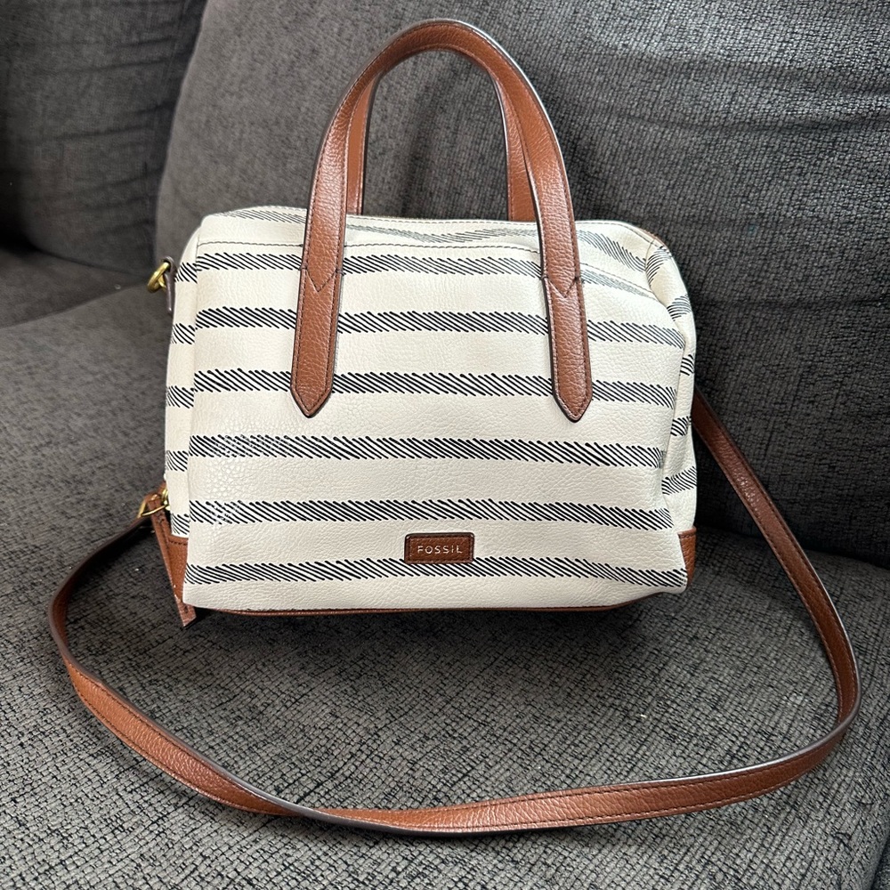 Fossil Sydney Satchel Handbag Purse - Black White Brown